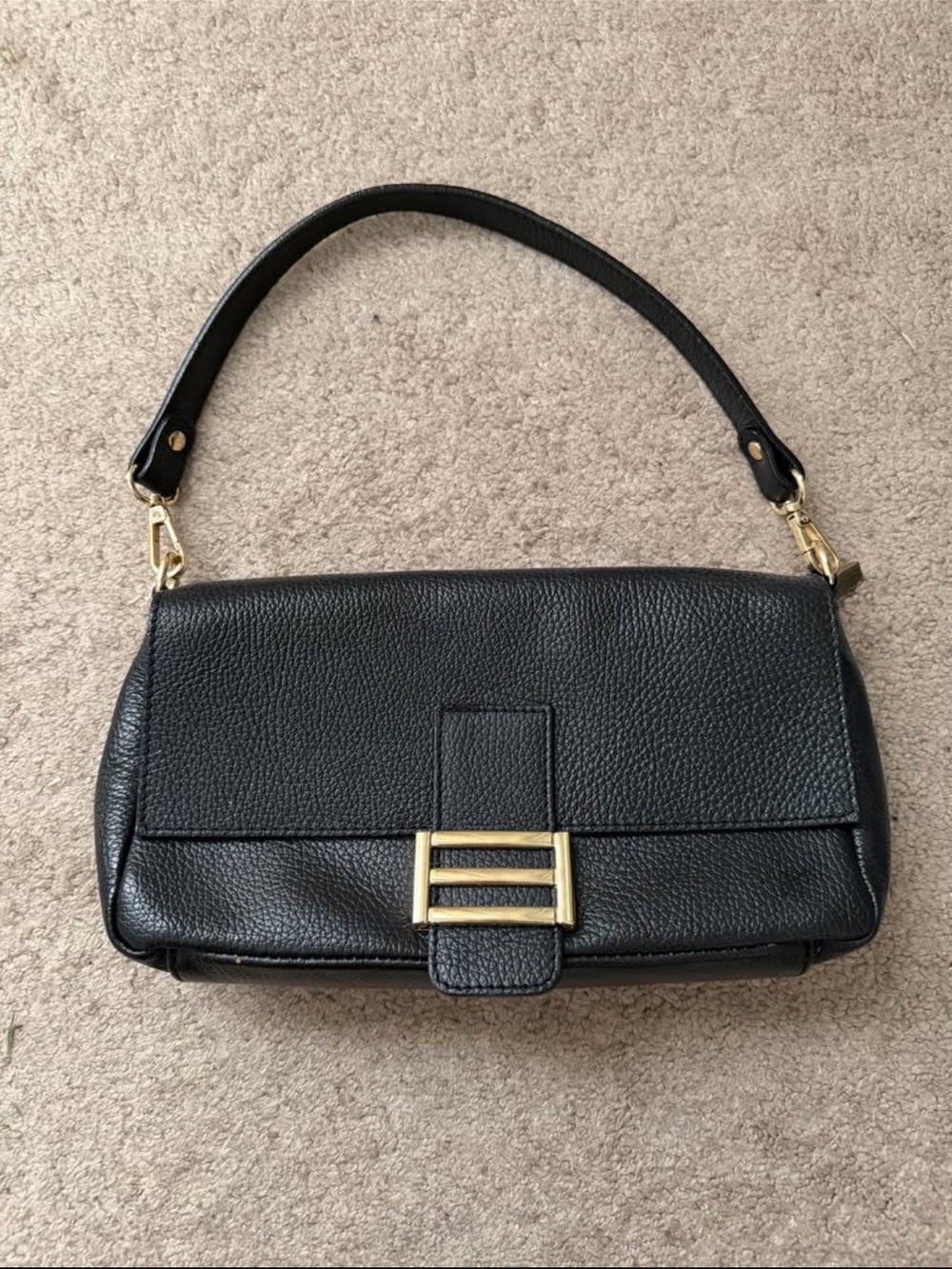 Classic Black Leather Shoulder Bag with Gold Accent